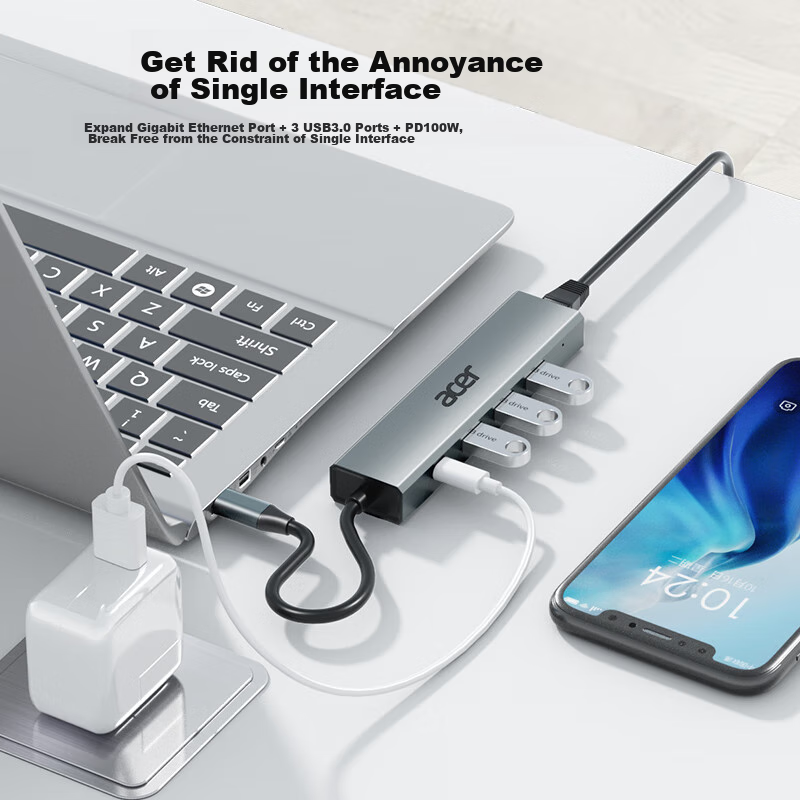 Acer Type-C Expansion Dock, Gigabit Ethernet Port, Network Cable Adapter, USB3.0 Hub, Wired Network Card RJ45 Converter, Apple Laptop Expansion Dock, Five-In