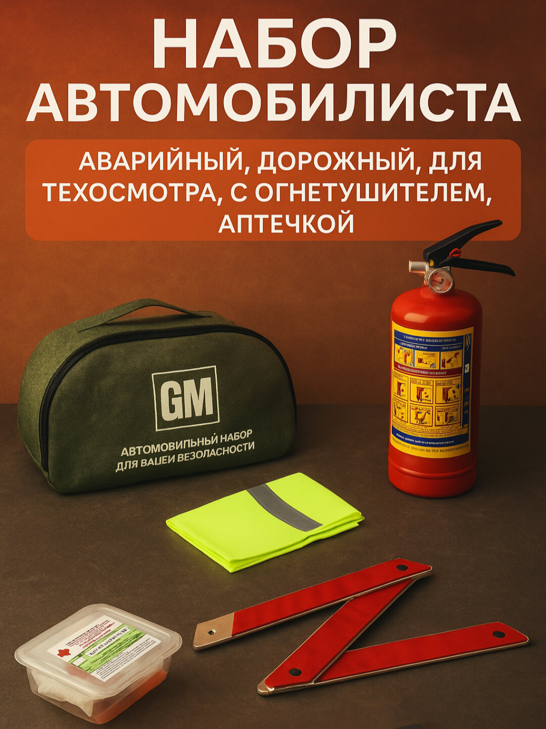 Набор автомобилиста, аварийный, дорожный, для техосмотра ТО с огнетушителем, аптечкой