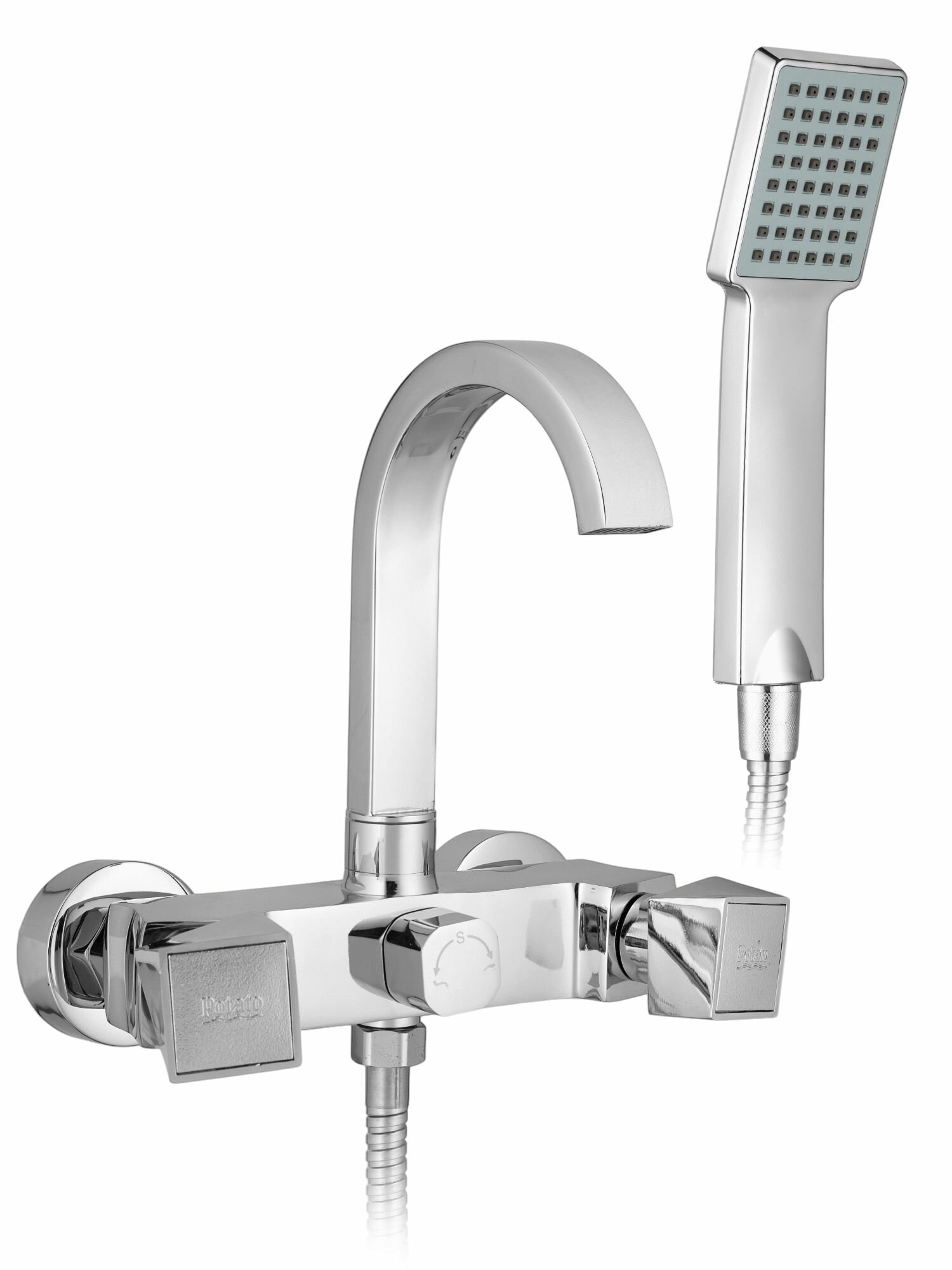 Смеситель для ванны с высоким поворотным изливом и душевым набором цвет глянцевый хромированный