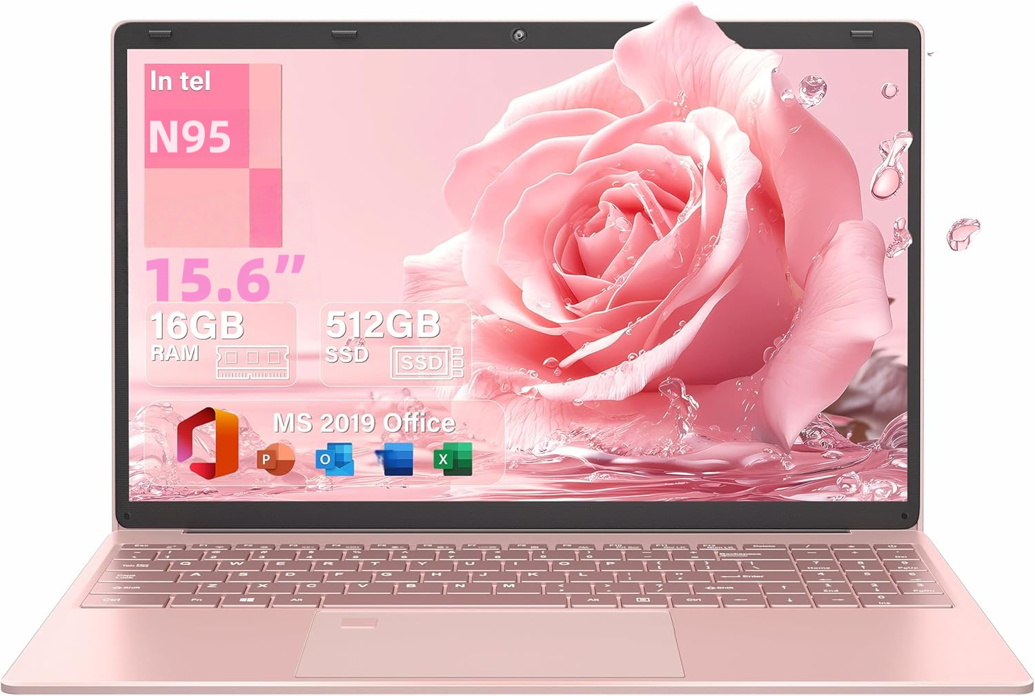 Ноутбук 15.6", Intel N95 (3.4 ГГц), RAM 16 ГБ, SSD 512 ГБ, Intel UHD Graphics, Windows 11 Pro, Розовый подарок, Русская раскладка