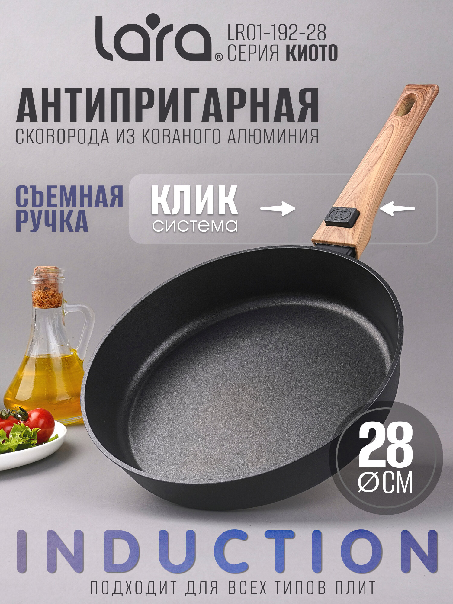 Сковорода LARA LR01-192-28 серия КИОТО съемная ручка Soft-touch, с антипригарным покрытием DAIKIN