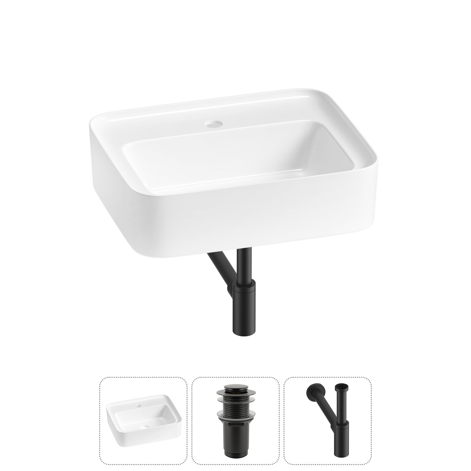 Подвесная или накладная раковина в ванную комнату Lavinia Boho Bathroom Sink 20215321R в наборе 3 в 1: раковина 50 см в цвете белый глянец, донный клапан, сифон