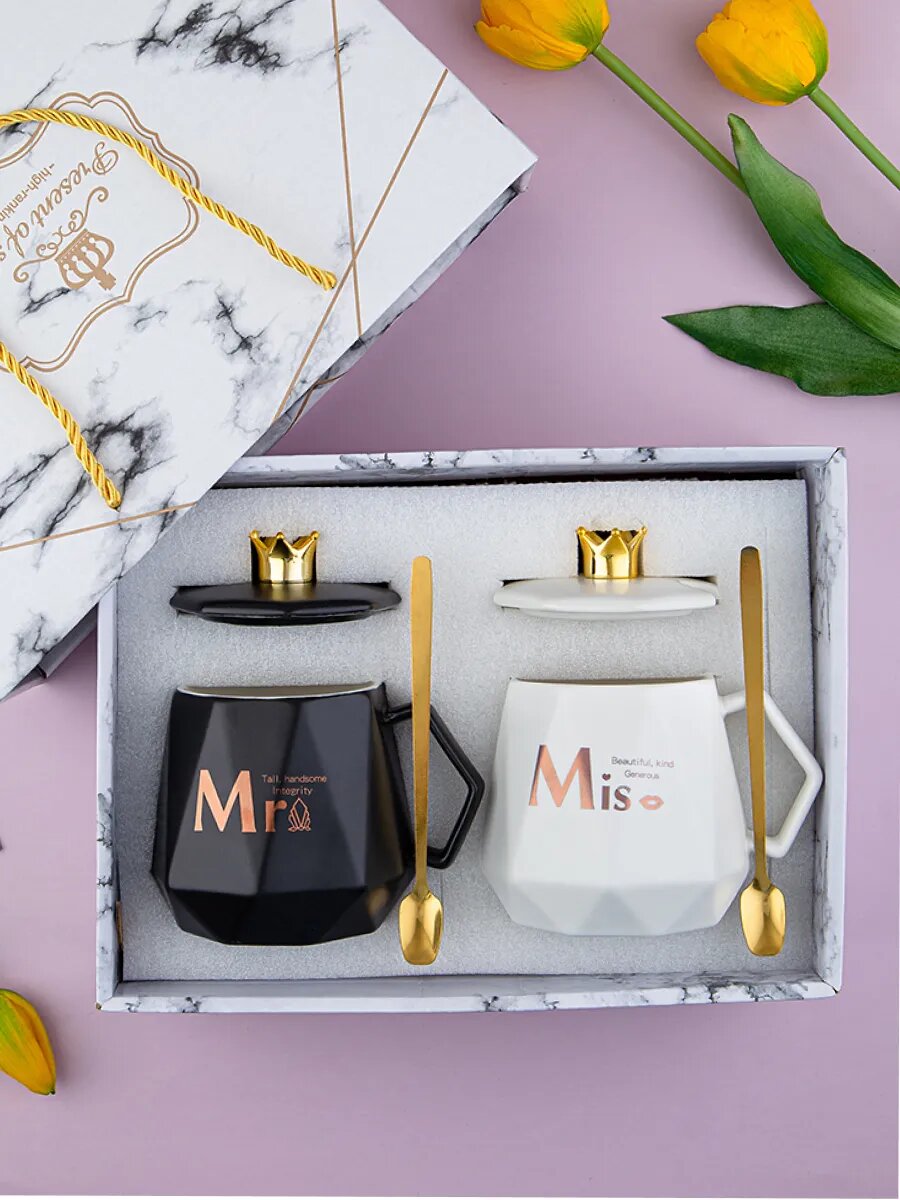 Набор кружек DB HOMME "Mr and Mis", Мистер и Миссес, парные кружки, 330 мл, черный и белый цвет