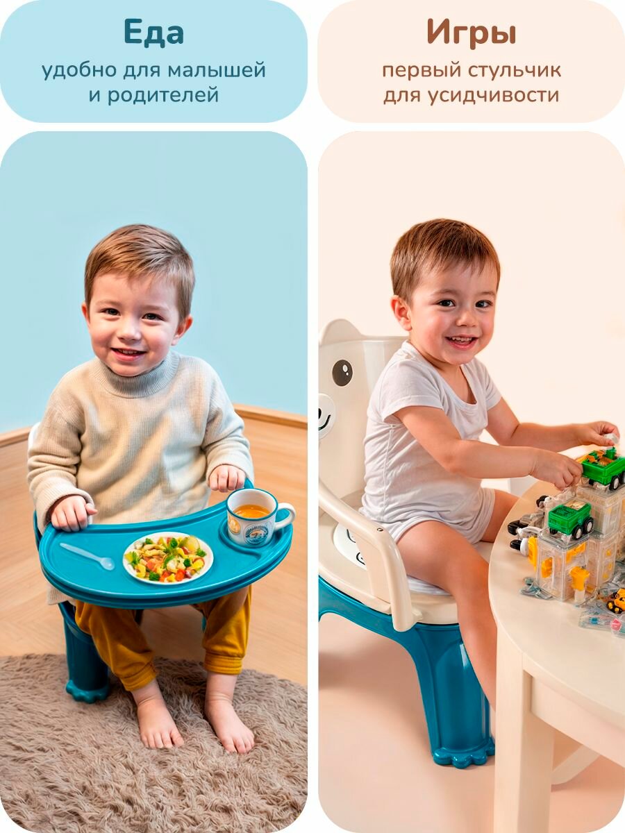 Изображение Стульчик детский пластиковый со спинкой и съемным столиком для кормления малышей, 50x36x34 см, подлокотники и мягкая сидушка, Синий