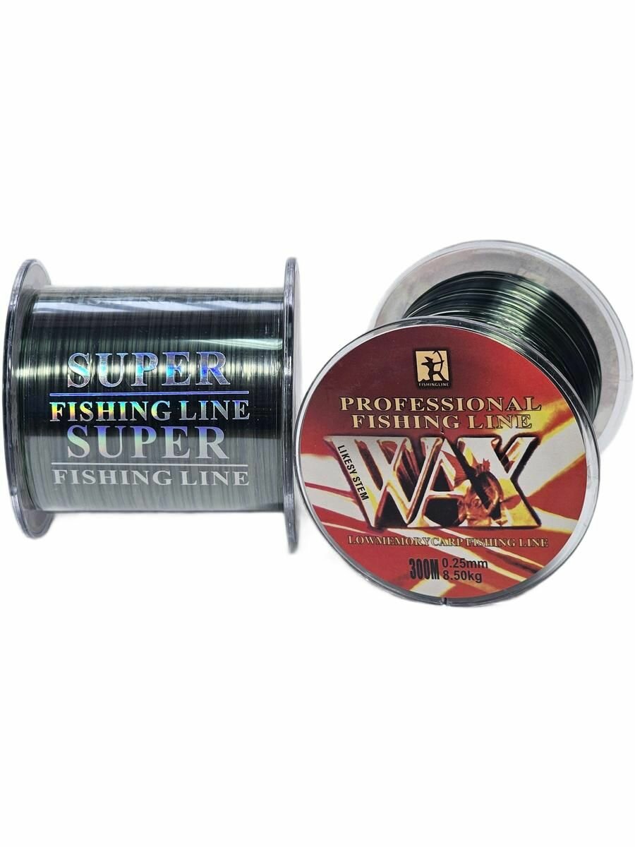 Леска рыболовная монофильная 300 метров диаметр 0.25 мм зеленая Wax carp