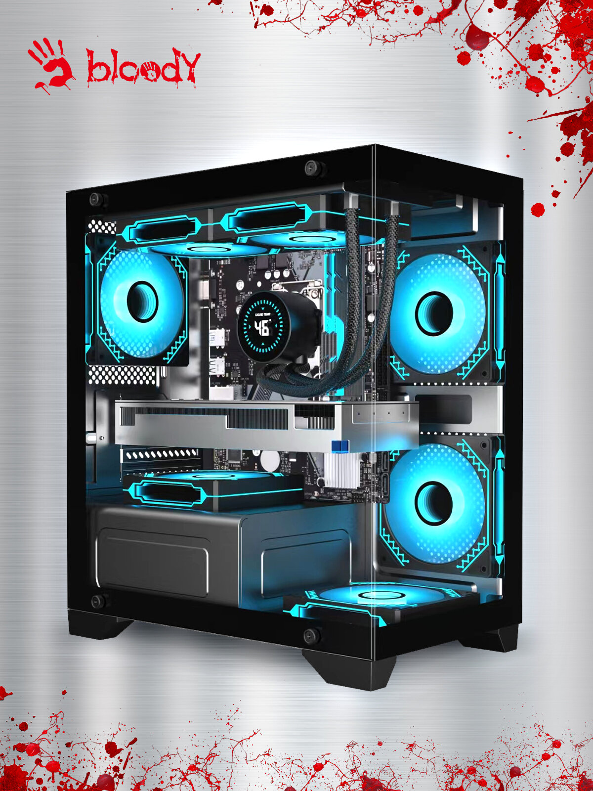 Корпус BLOODY "BD-CC103", Micro-ATX, 2 встроенных вентилятора, сталь/закаленное стекло, черный