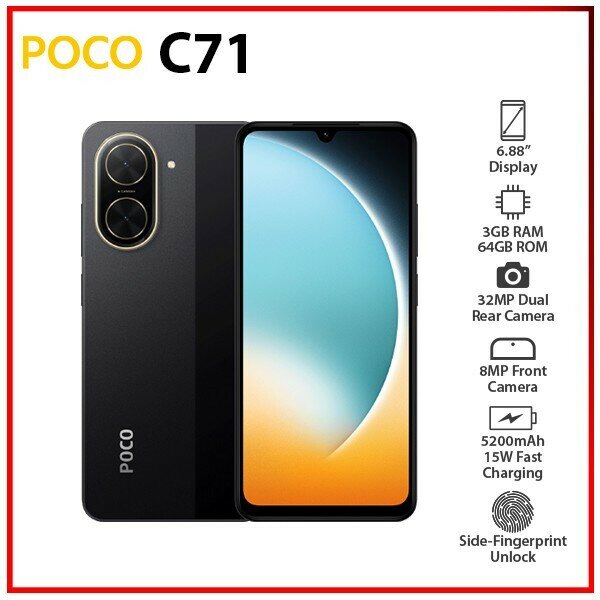 Смартфон Xiaomi "Poco C71 black", 6.71", 3GB RAM, 64GB ROM, Android 13, черный — фото 1