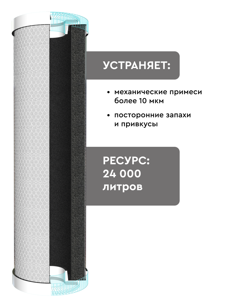ЭВИТА, угольный фильтр с прессованным активированным углем, BB20, 10 мкм, сменный картридж для магистрального фильтра, устранение посторонних запахов и привкусов, для холодной воды — фото 1