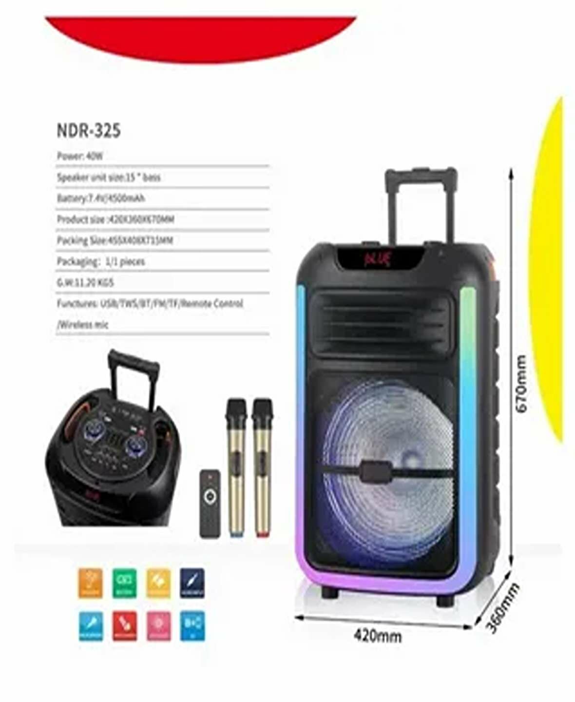 Портативная колонка NDR-325, 15 дюймов, 40Вт, LED-эффекты, Bluetooth — фото 1