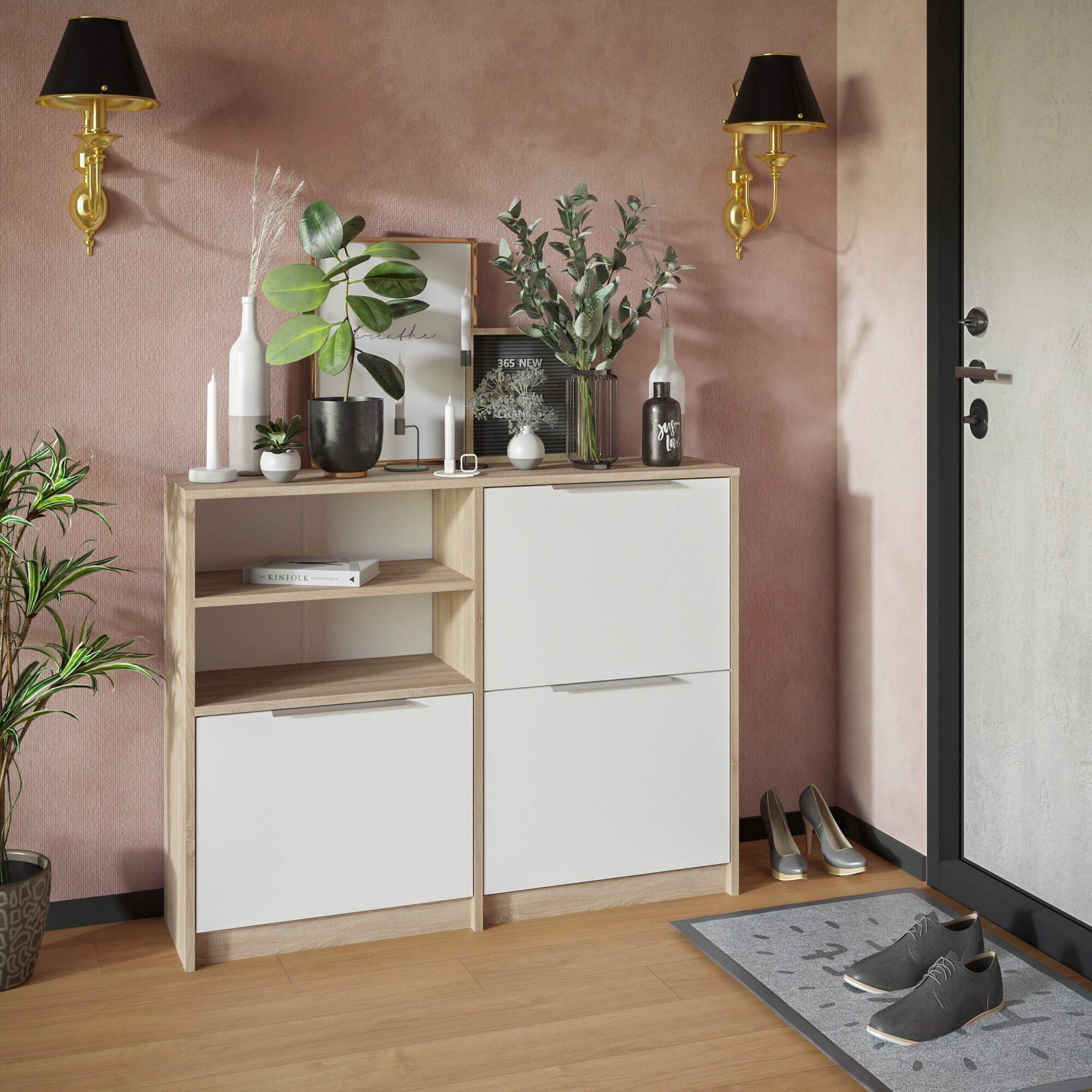 Обувница комбинированная HESBY Nordik с открытыми полками и откидными ящиками. Размер: 85х108х29см. Цвет: дуб сонома / белый