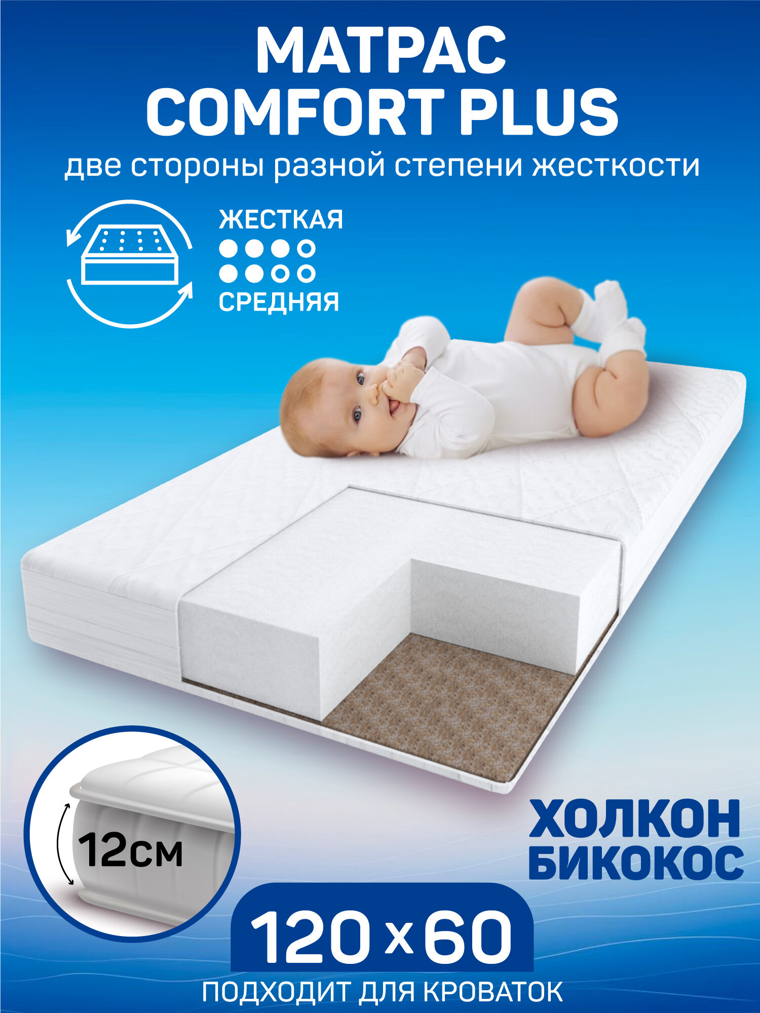 Матрас Amaro Baby со съемным чехлом, Comfort Plus (прямоугольный) 1190 x 590 х 120 (10 мм - бикокос, 110 мм - холлокон, аэрофайбер)