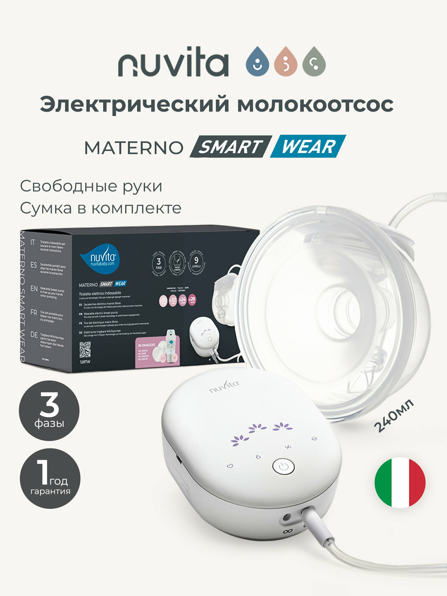 Молокоотсос электрический портативный трехфазный Nuvita Materno Smart Wear 1287W беспроводной с молокосборником 240 мл