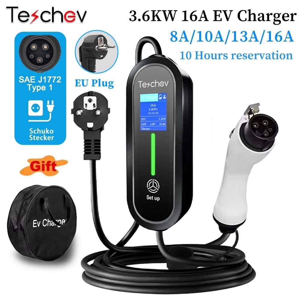 Teschev 3,6 кВт 16A Тип 2 IEC62196-2 Зарядное устройство для электромобилей Type1 SAE J1772 GB/T Зарядка EVSE Кабель 5 м Вилка европейского стандарта Зарядный кабель EVSE Wallbox, Type1 3.6KW 16A