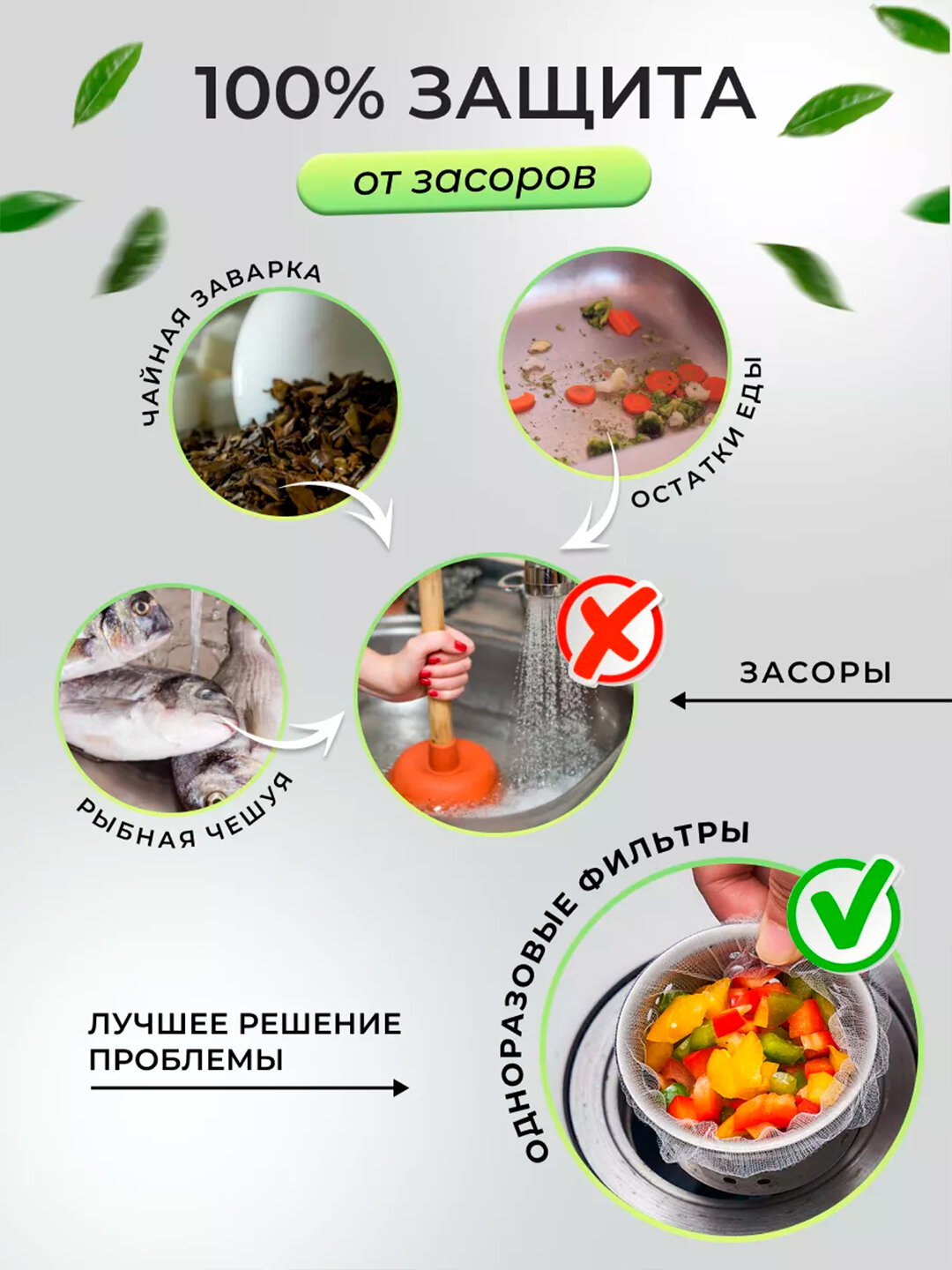 Одноразовые фильтры-сетки для раковины и ванны, для защиты слива от засора — фото 1