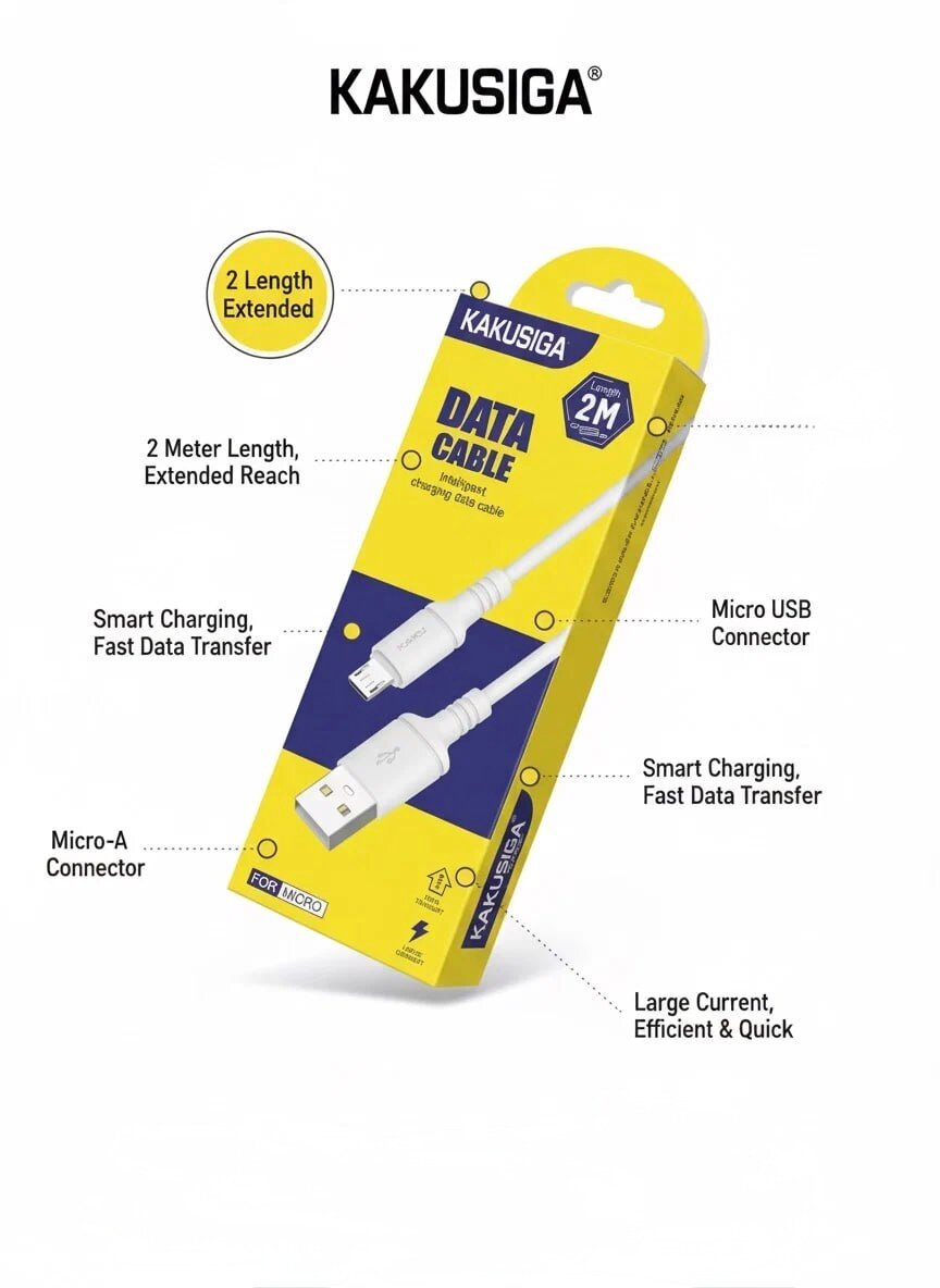 Кабель KAKUSIGA, для Micro USB, 2m, белый/желтый, огнестойкий, малодымный — фото 1