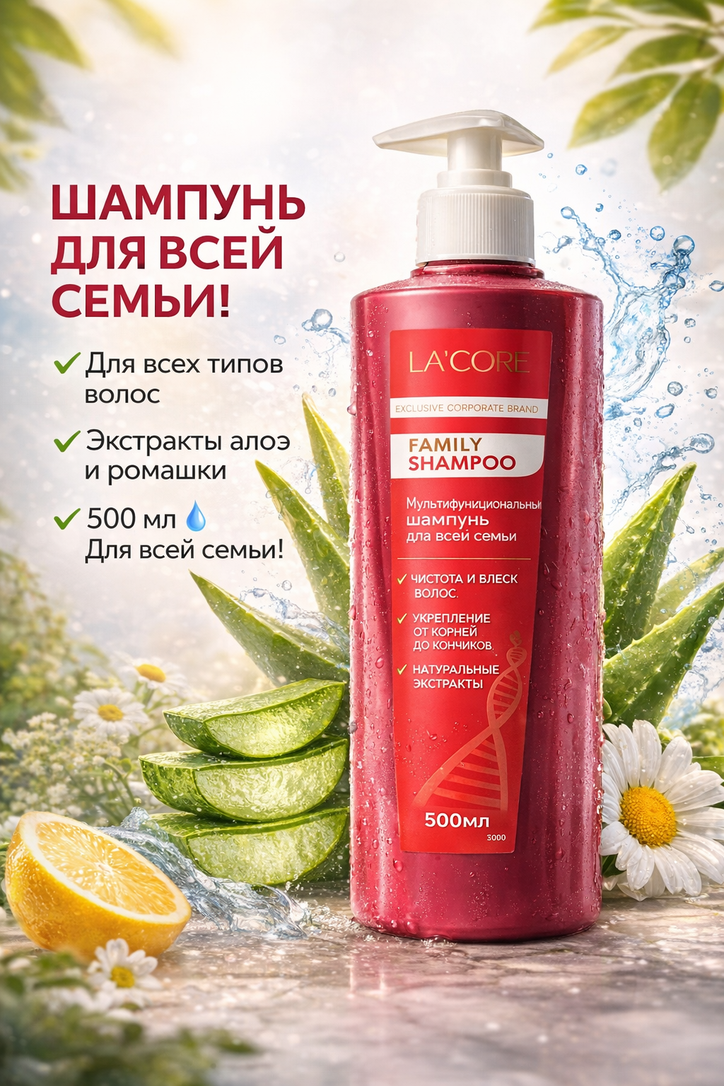 LA'CORE Family Shampoo универсальный семейный шампунь, питательный