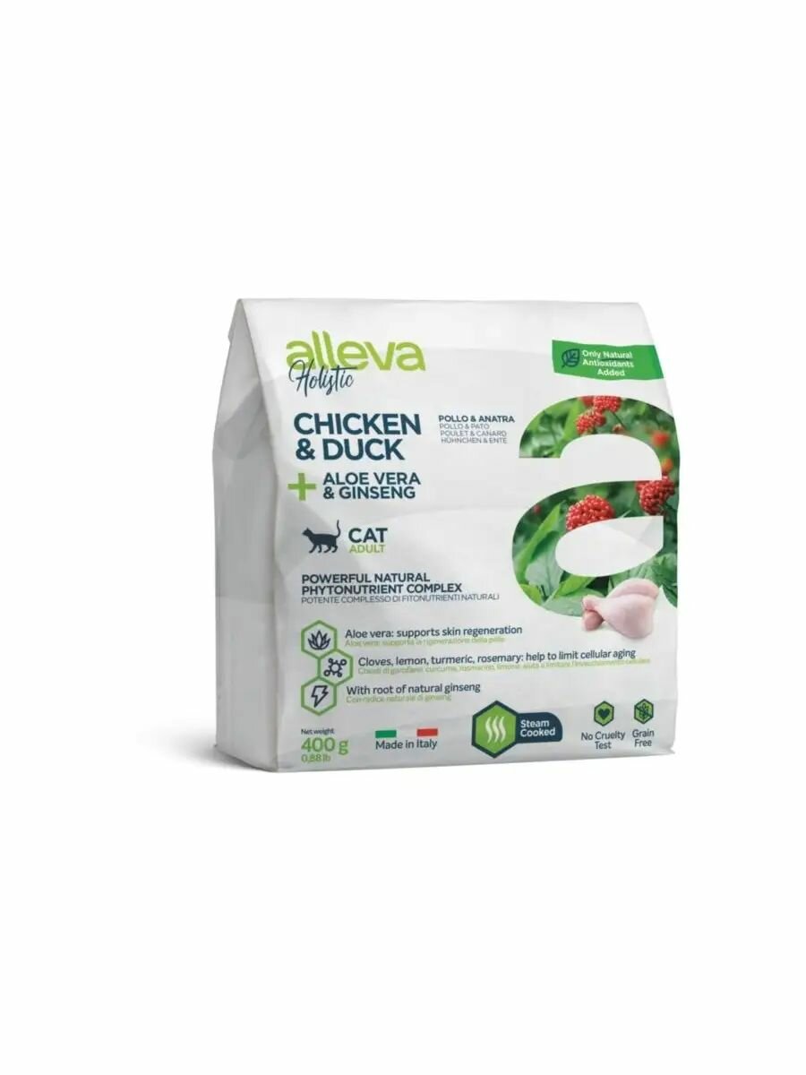 Alleva Holistic Cat Adult Chicken & Duck сухой корм для взрослых кошек с курицей, уткой, алое вера и женьшенем - 400 г