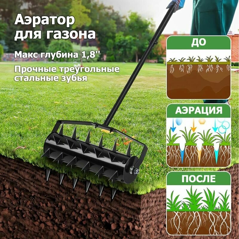 Фото Аэратор для газона   каток для газона с треугольные стальные зубья  черный