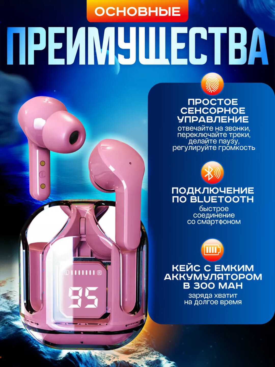 Беспроводные наушник с дисплеем, микрофоном и шумоподавлением IOS Android — фото 1