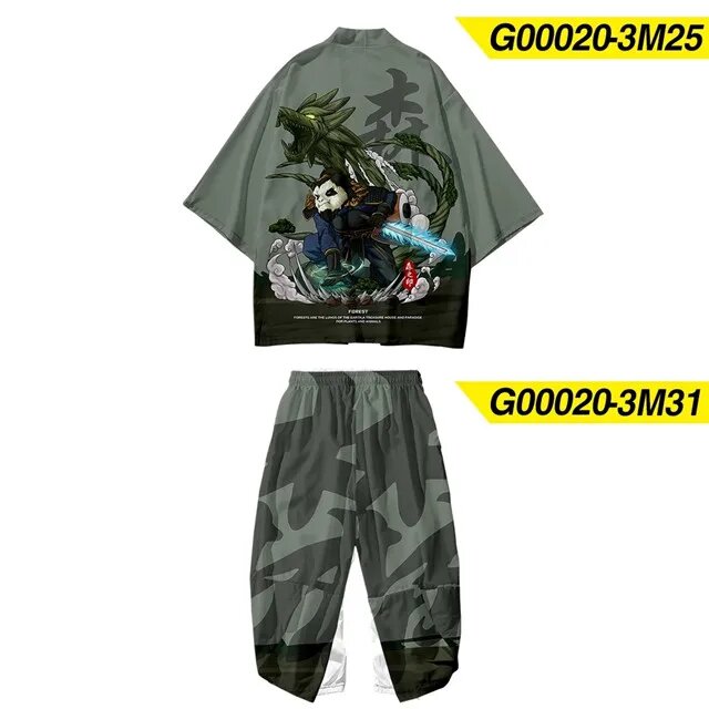 Костюм-двойка, непобедимый меч, демон, японский стиль, модное кимоно и брюки, комплект, мужской кардиган, блузка, Хаори Оби, азиатская одежда