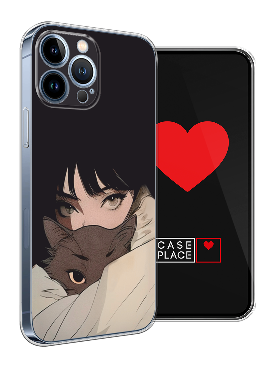 Чехол на Apple iPhone 13 Pro Max / Айфон 13 Про Макс с принтом Аниме девушка с котиком — фото 1