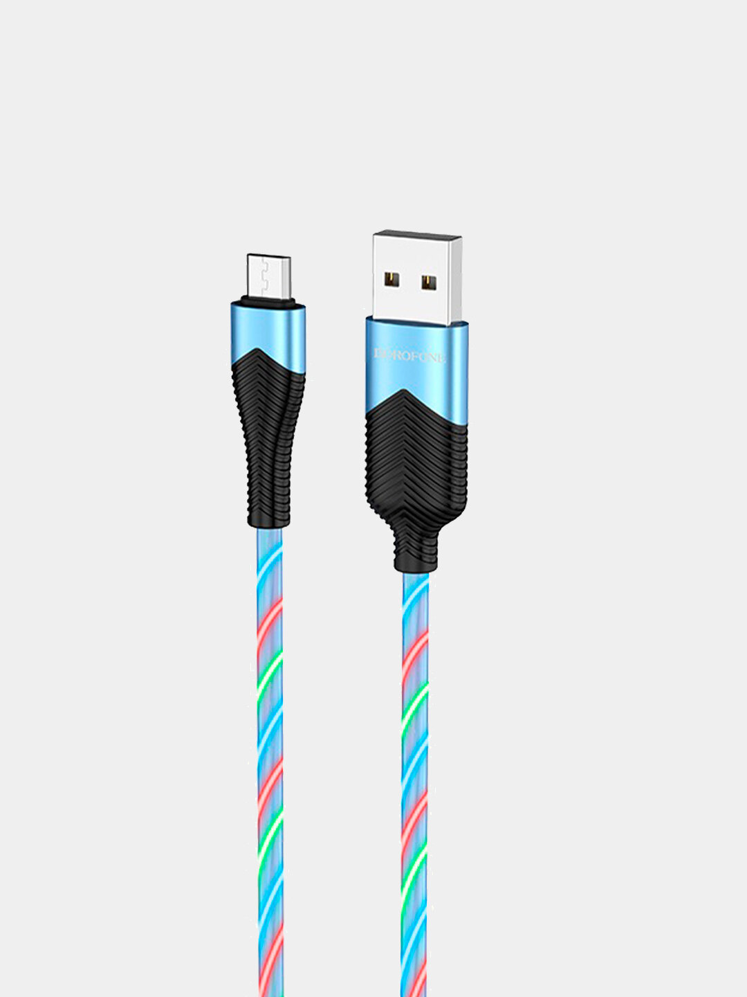 Кабель Borofone BU19 Streamer USB–Micro-USB, 1 м, до 2.4А, передача данных, световой эффект, синий цвет