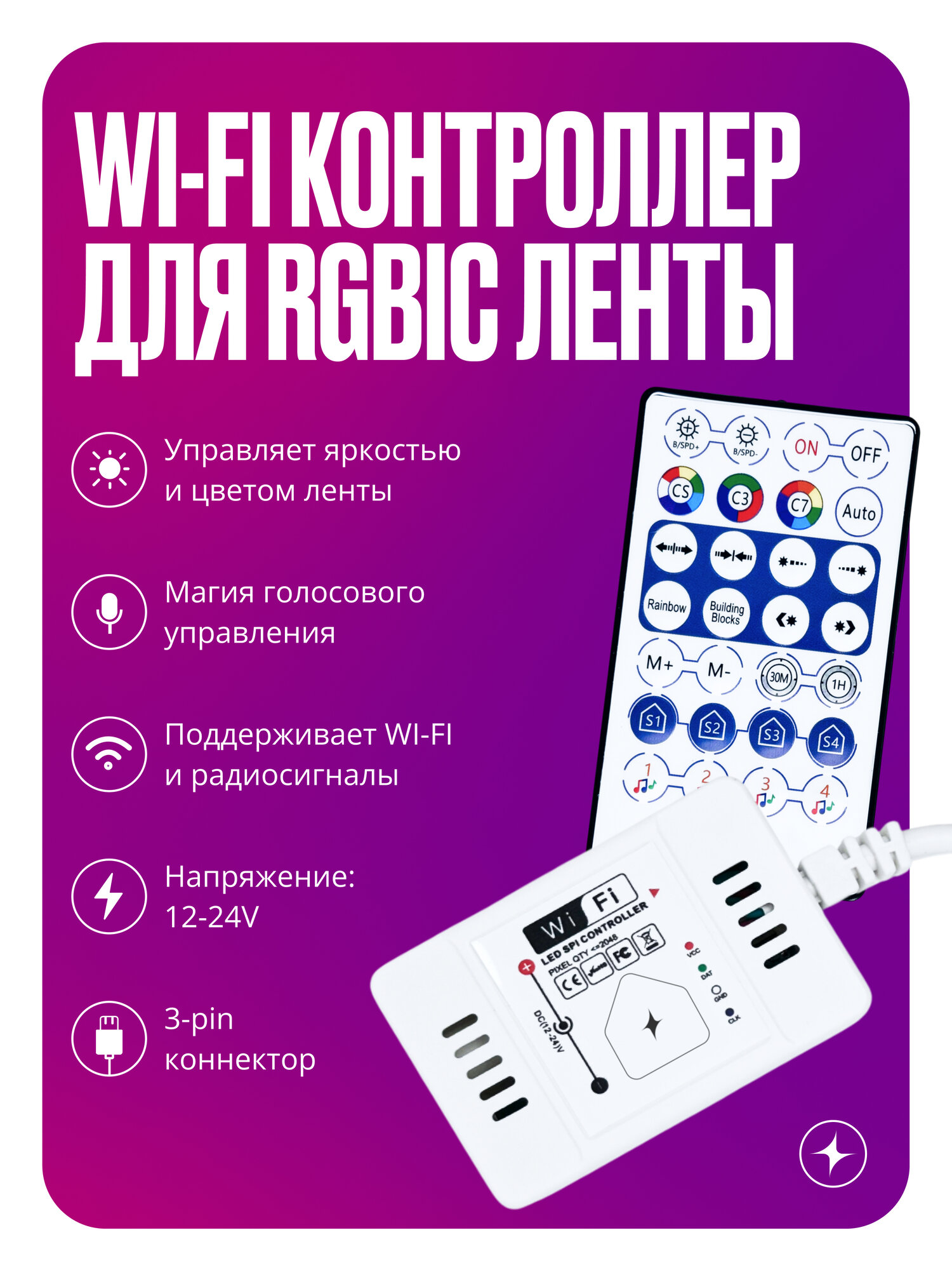 Умный Wi-Fi+RF контроллер для адресной светодиодной ленты RGBIC, 12-24V с пультом и голосовым управлением