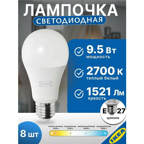 фото Лампа светодиодная 60 мм e27 9.5 вт 2700 к 8 шт шарообразная регулируемая ikea solhetta солхетта икеа