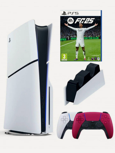 Изображение товара Игровая приставка Sony PlayStation 5 Slim, с дисководом, 1 ТБ, зарядная станция, 2й геймпад красный, игра Fifa 25