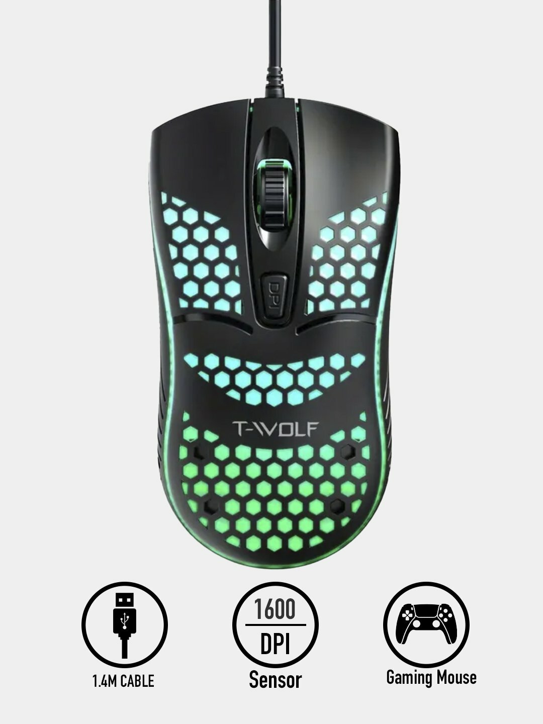 Игровая мышь T-WOLF "V15 Cool Beehive", проводная, RGB-подсветкой, 4 кнопки
