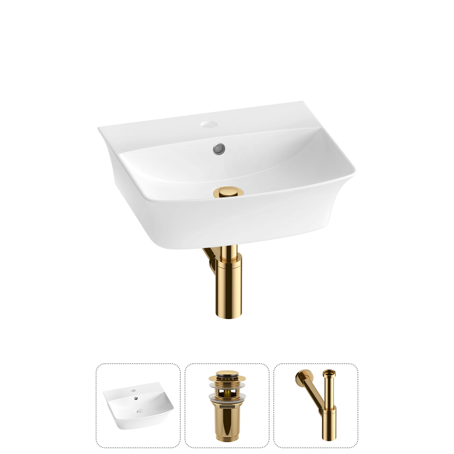 Подвесная или накладная раковина в ванную комнату Lavinia Boho Bathroom Sink 20216755R в наборе 3 в 1: раковина 45 см в цвете белый глянец, донный клапан, сифон