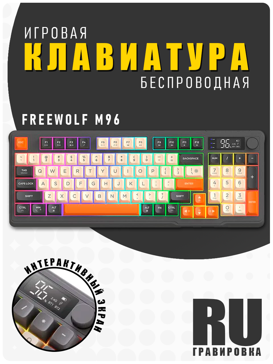 Клавиатура беспроводная игровая FreeWolf_M96 с экраном / с подсветкой / Подключение: BLUETOOTH, 2.4G, TYPE-C