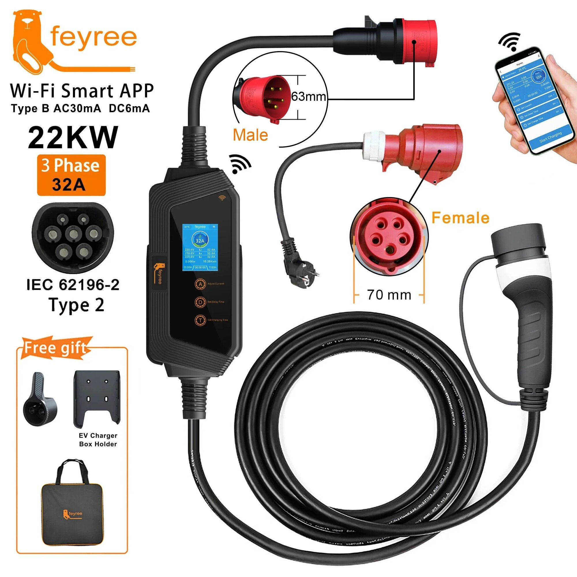 Feyree 22KW 32A 3-фазное портативное зарядное устройство для электромобилей Type2 Wi-Fi APP Control EVSE зарядное устройство зарядная станция для зарядного устройства для электромобиля, 22KW APP and Adapter