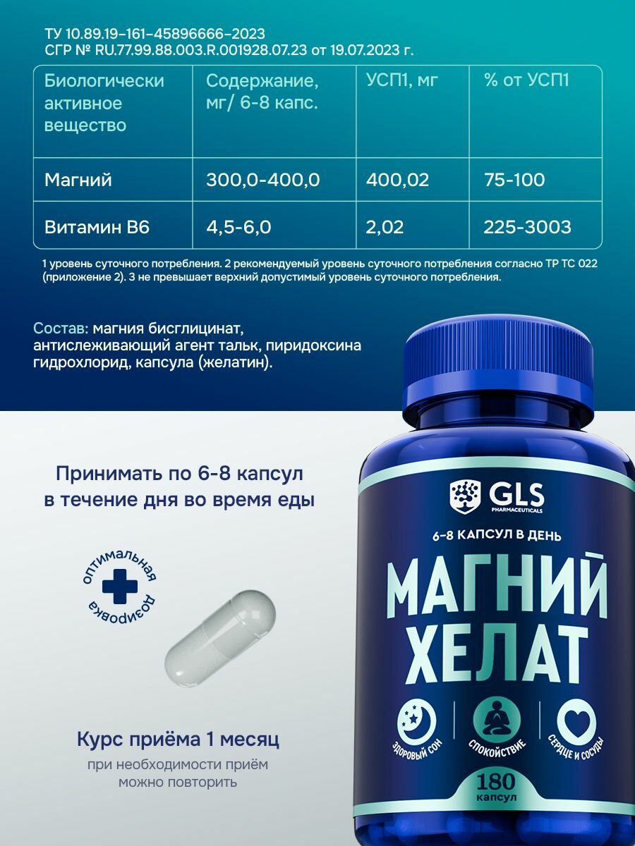 Магний Хелат В6( Бисглицинат) GLS 400 мг, бад для спокойствия, сна, против стресса, витамины для женщин и мужчины, 180 капсул — фото 1