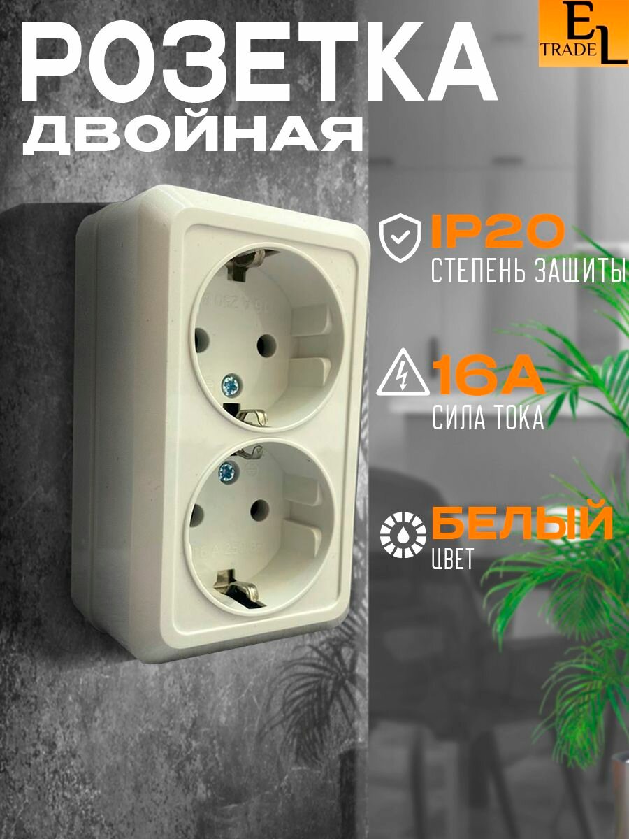 Розетка двойная открытой установки белая с заземлением 2П, IP20, 16А, Ладога