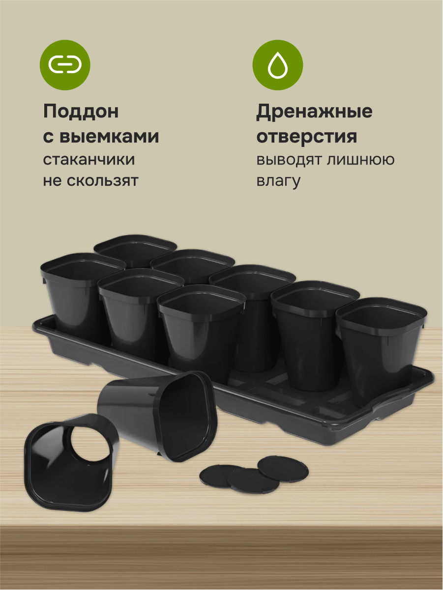 Стаканы для рассады, с поддоном, 0,3 л, комплект 10 шт. черные/серые — фото 1