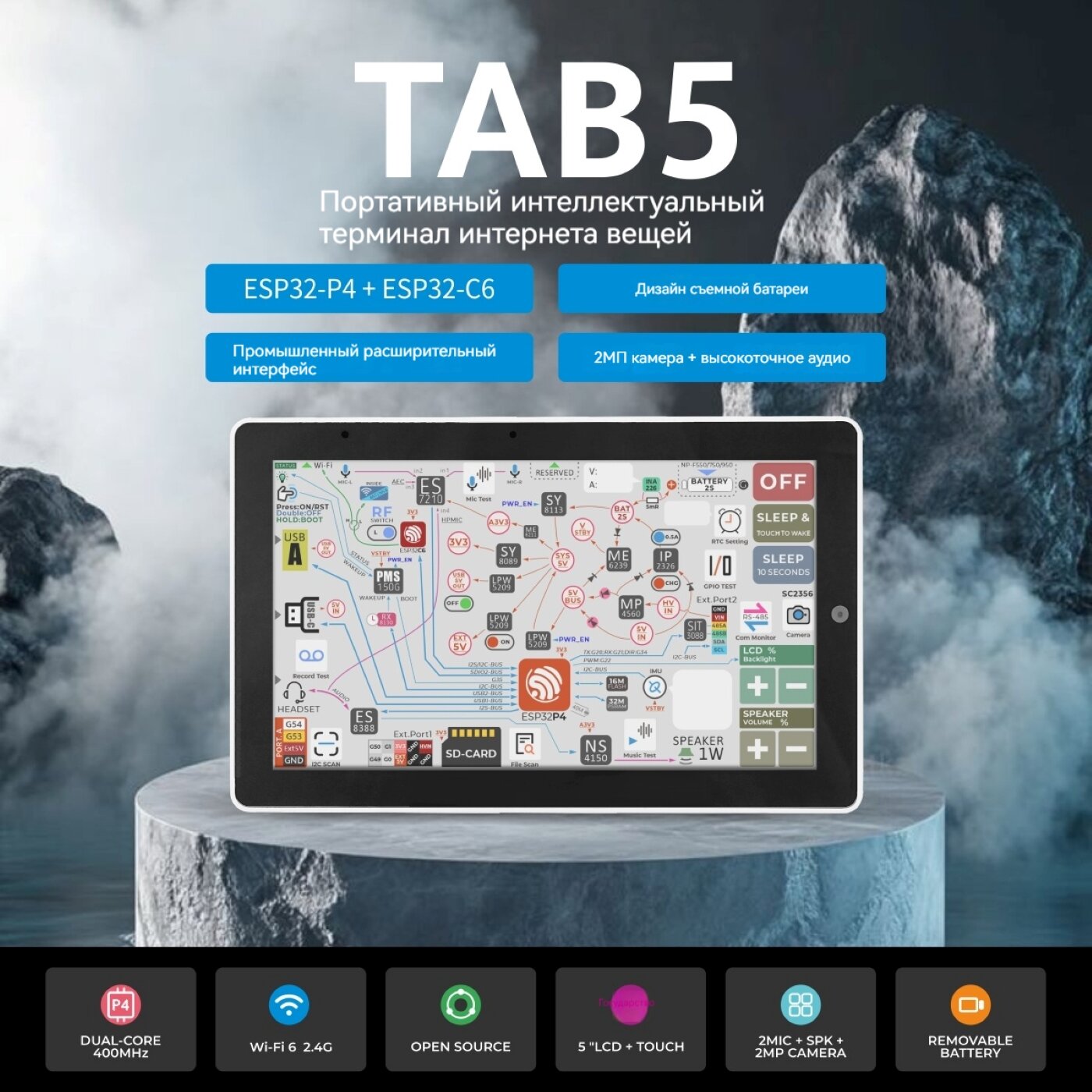 M5Stack TAB5-Портативный интеллектуальный терминал Интернета вещей, ESP32-P4+ ESP32-C6+ аккумулятор NP-F550