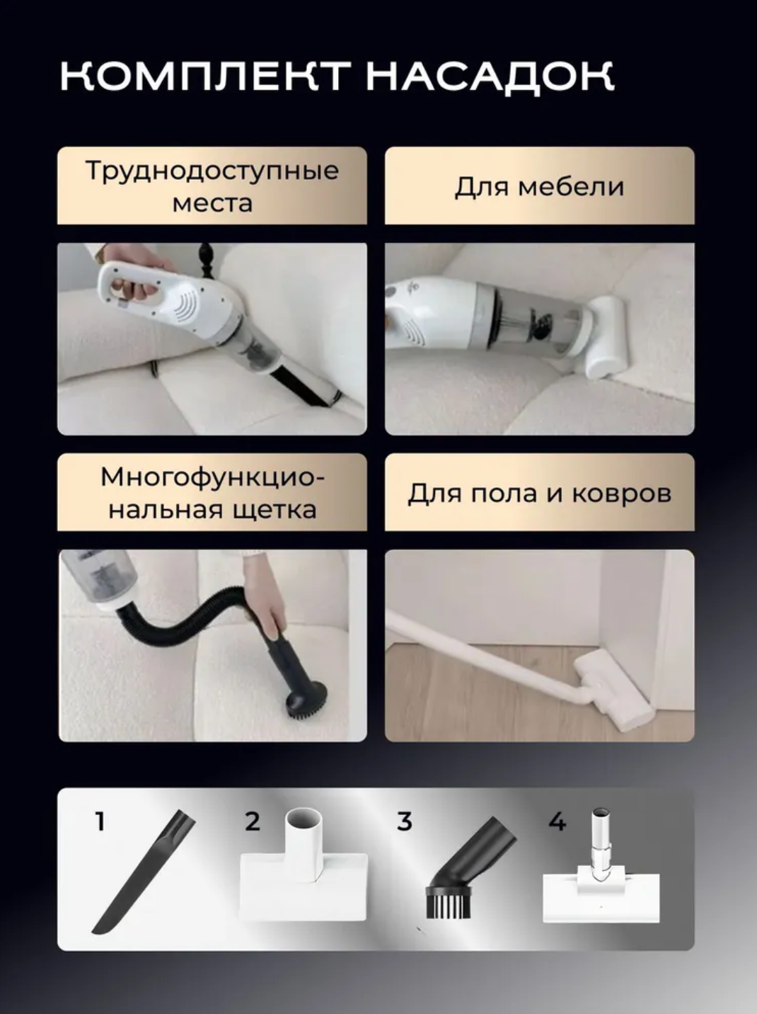 Пылесос вертикальный беспроводной для дома и автомобиля, 120 Вт, ручной пылесос, белый с комплектом насадок — фото 1