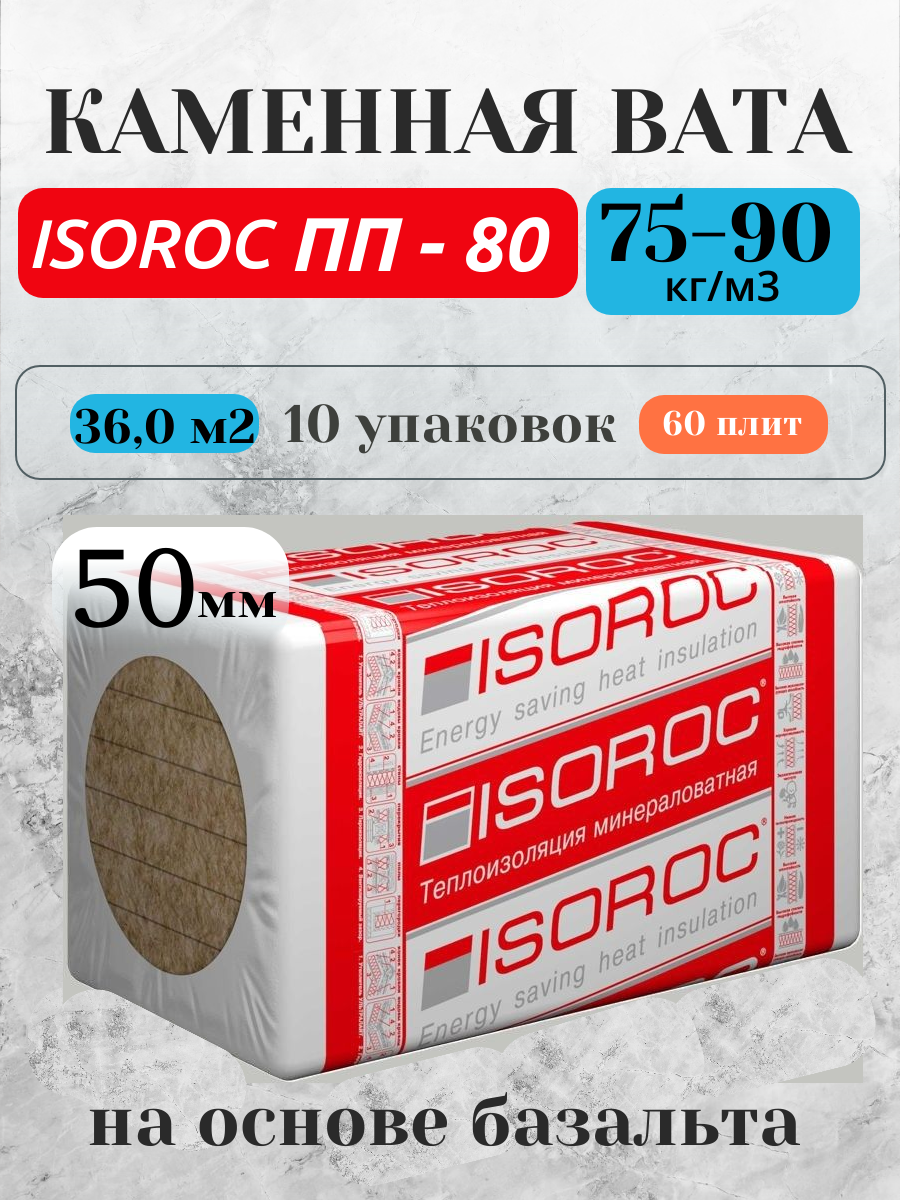 Утеплитель изорок ПП 80  50 мм 10 упаковок 36 0м2  60 плит минеральная  каменная вата  плотность 90 кг м3