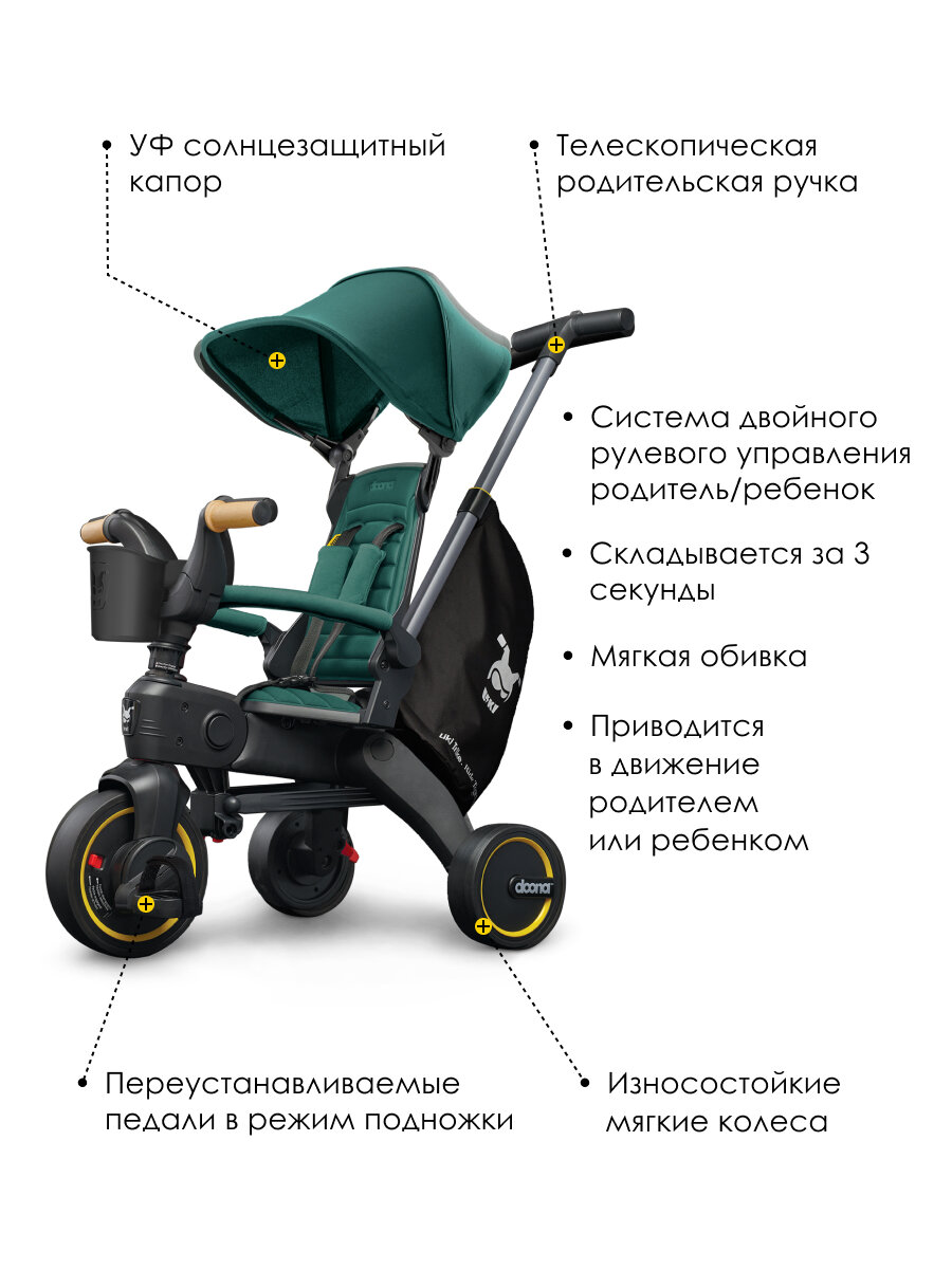 Складной трехколесный детский велосипед - коляска с родительской ручкой Doona Liki Trike S5, цвет: Racing Green — фото 1