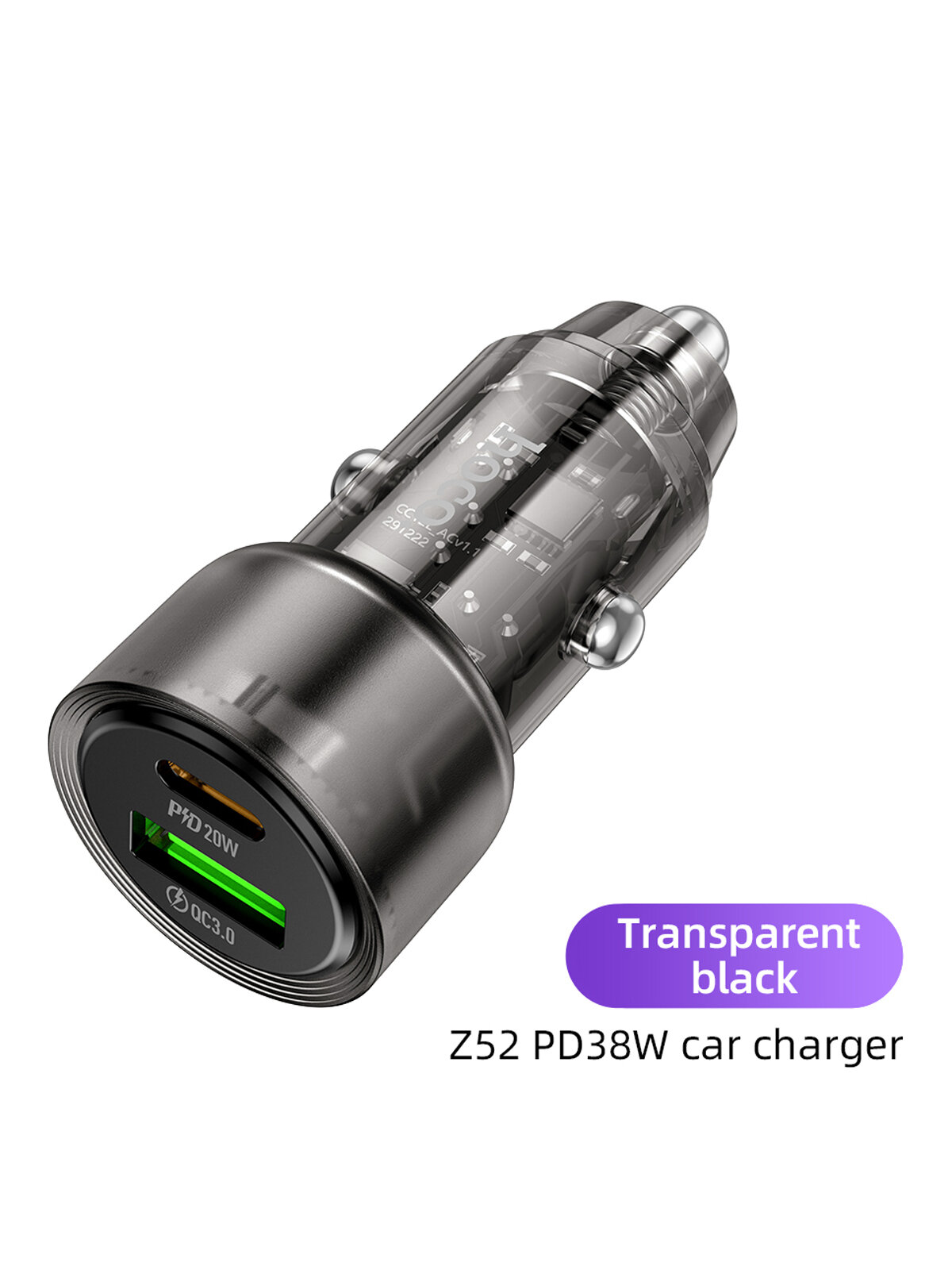 Автомобильное зарядное устройство HOCO Z52 с двумя портами USB-A QC 3.0 18W USB-C Power Delivery 20W черный