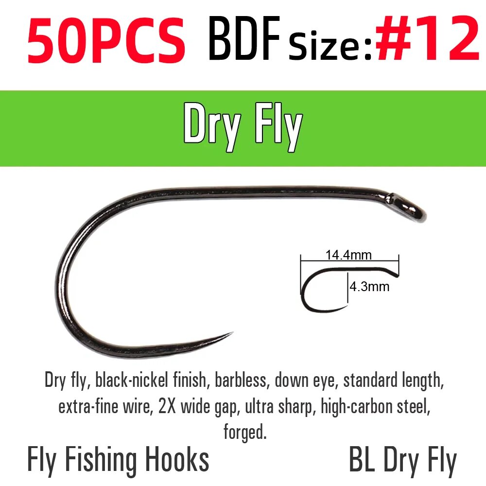 Крючки для мух BDF без бородки #8-#20, черные, высокоуглеродистая сталь 50pcs Size 12