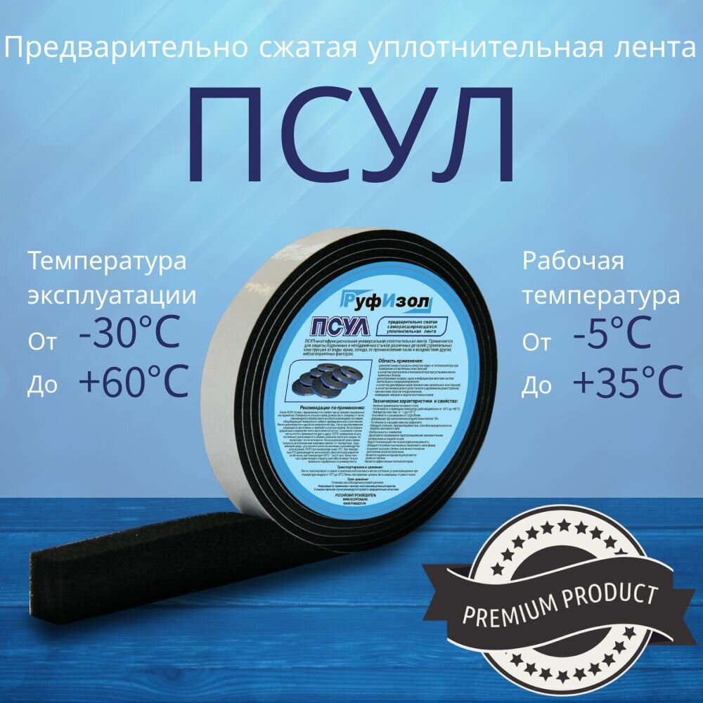 ПСУЛ Руфизол 20мм Х 6мм/30мм, 5,6 метров Плотность 50г/м3. Предварительно сжатая самоклеящаяся уплотнительная лента — фото 1
