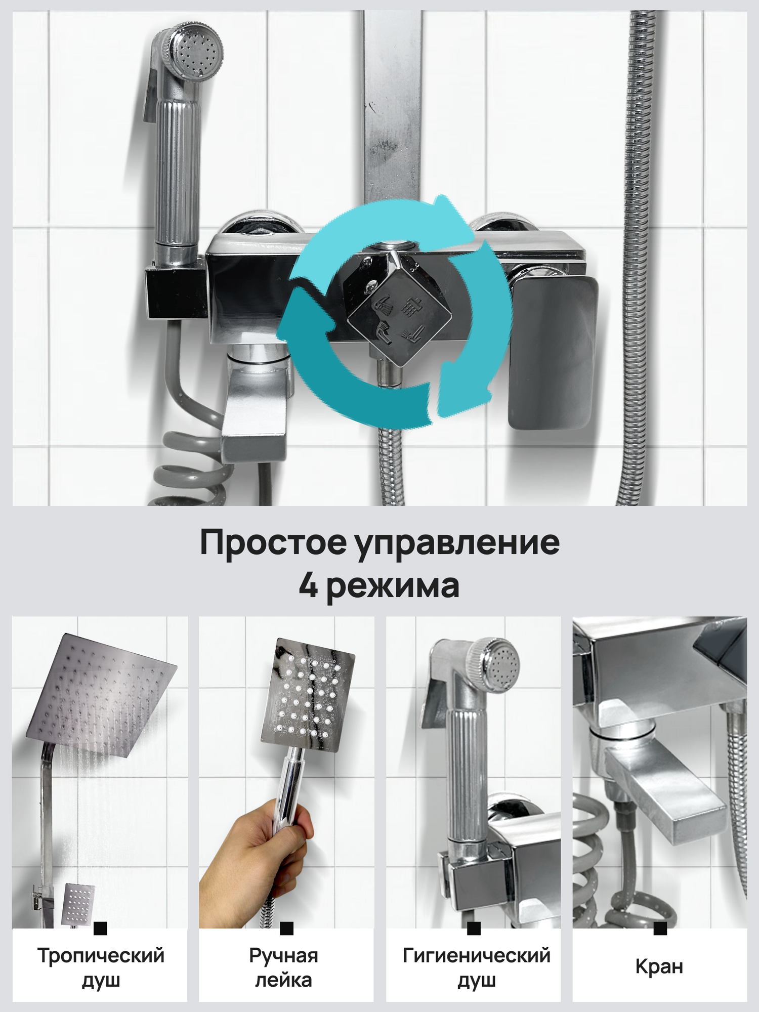 Душевая система, душевой комплект с тропическим душем, душевая стойка, хром — фото 1