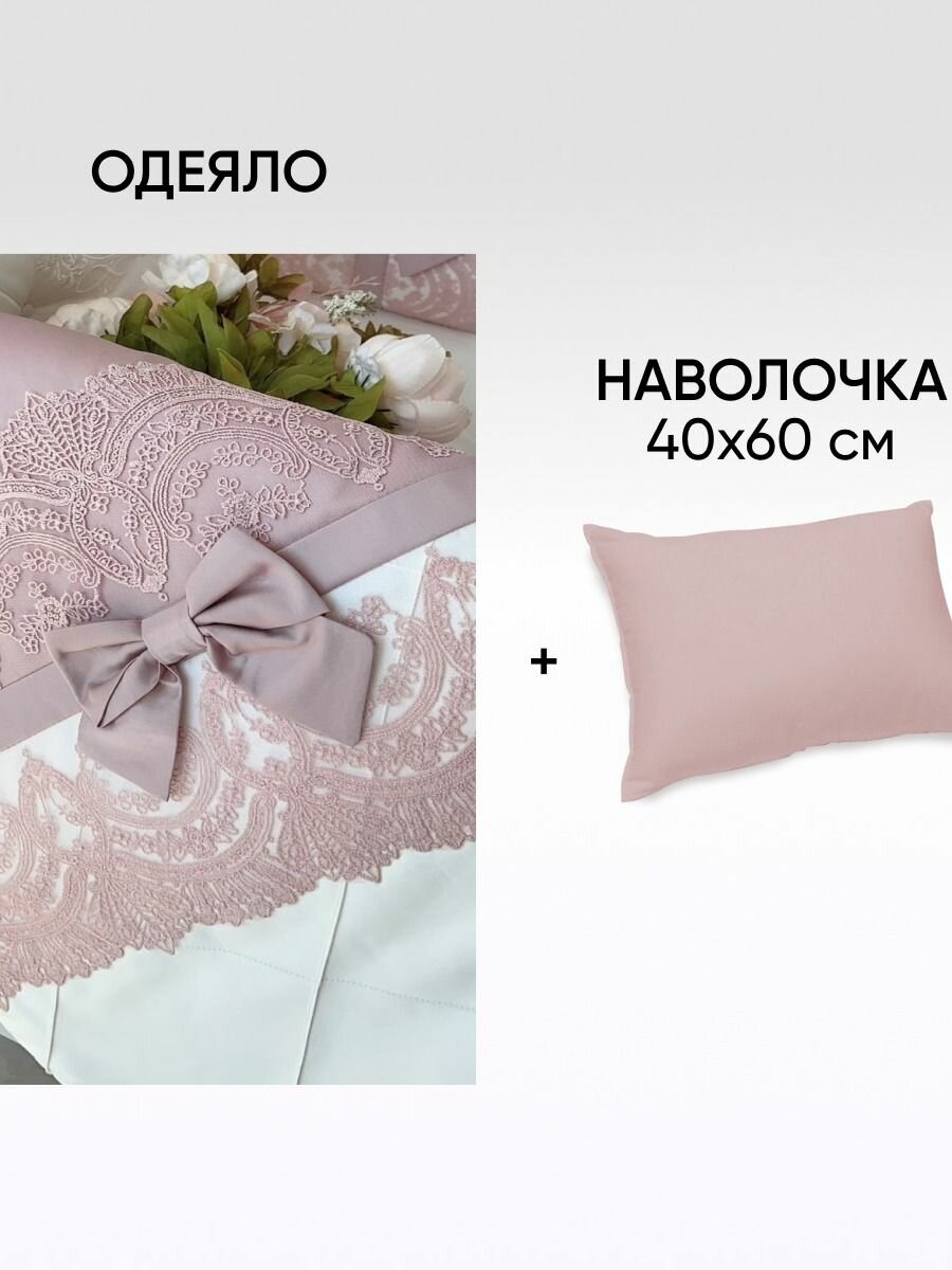 Детский комплект постельного белья, KrisFi "Pure": одеяло 100*120 см и наволочка 40*60 см, сатин, наполнитель Termoloft Lux, однотонное, с кружевом