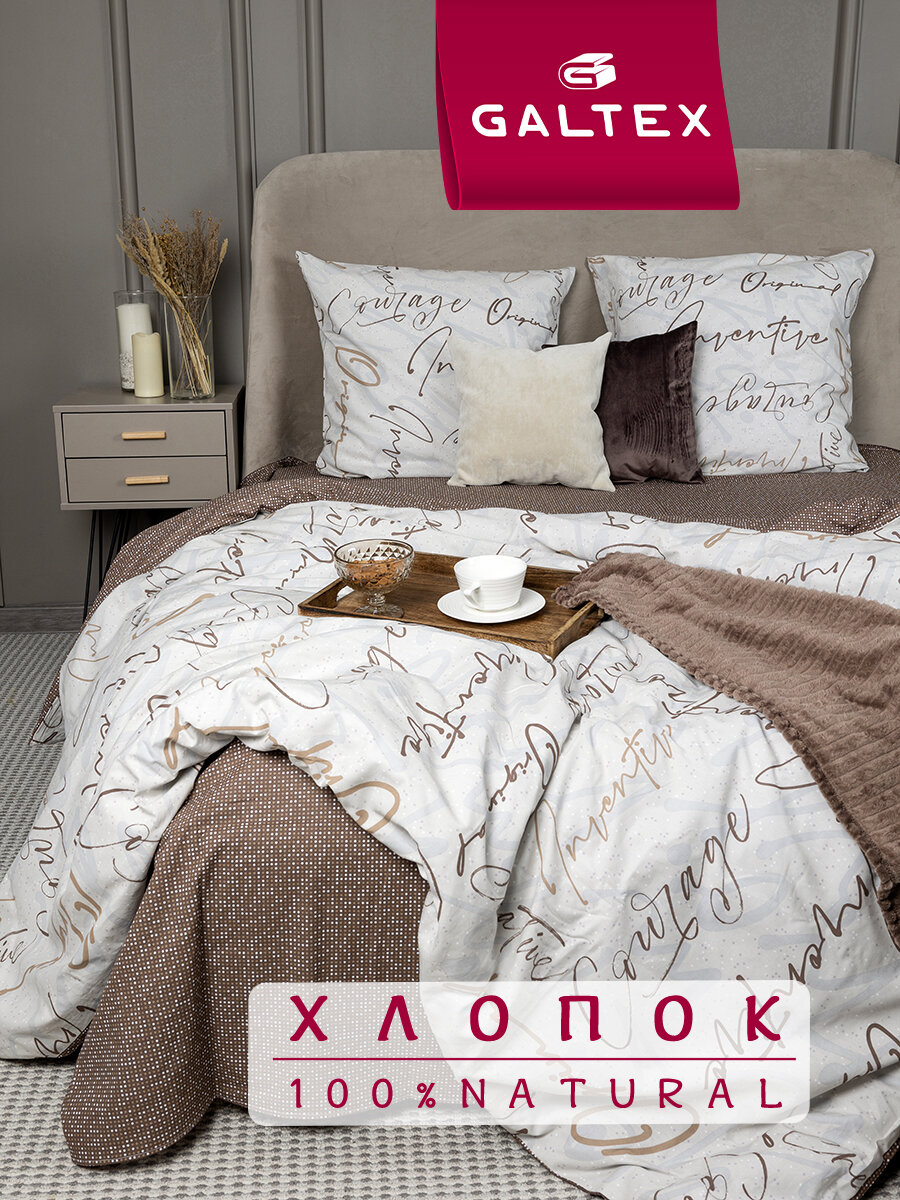 Постельное белье 2 спальное с Евро простыней Galtex Комфорт компаньон: Креатив серо-бежевый / Конфетти коричневый