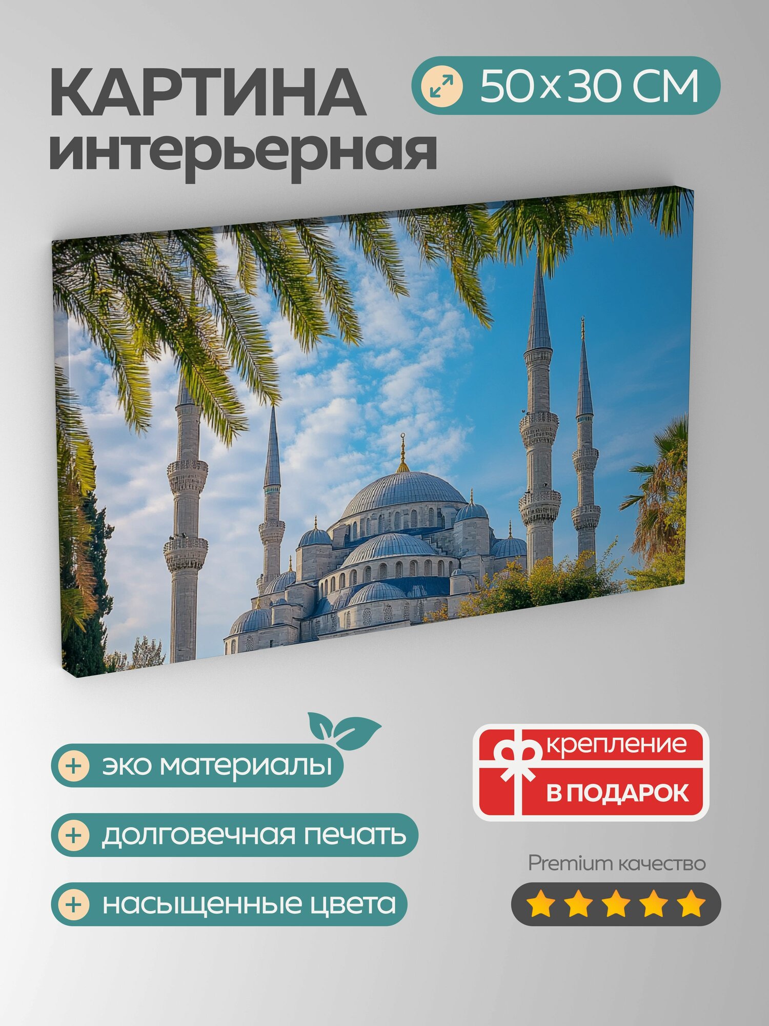 Картина на холсте интерьерная 50х30 см, Мечеть, Султан Ахмед, Голубая, архитектура, купола, небо, Nikon, фотография