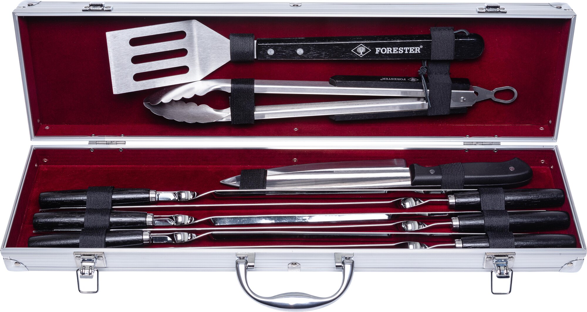 Набор для гриля FORESTER PRO нож лопатка щипцы 6 шамп. в подарочном алюм. кейсе BBQ-13Pro 9предм