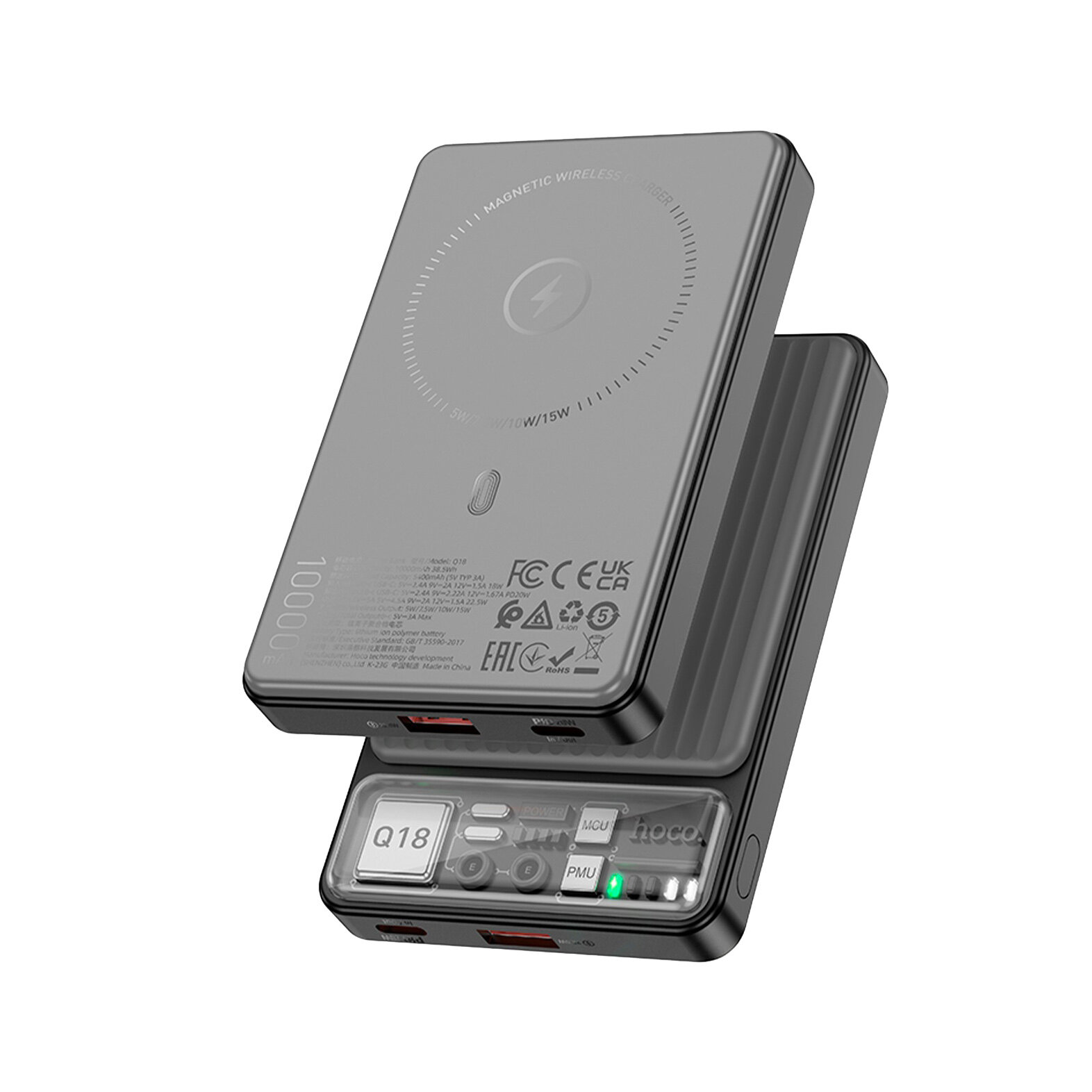Внешний аккумулятор Hoco Q18, беспроводная зарядка MagSafe, черный, 10000 mAh — фото 1