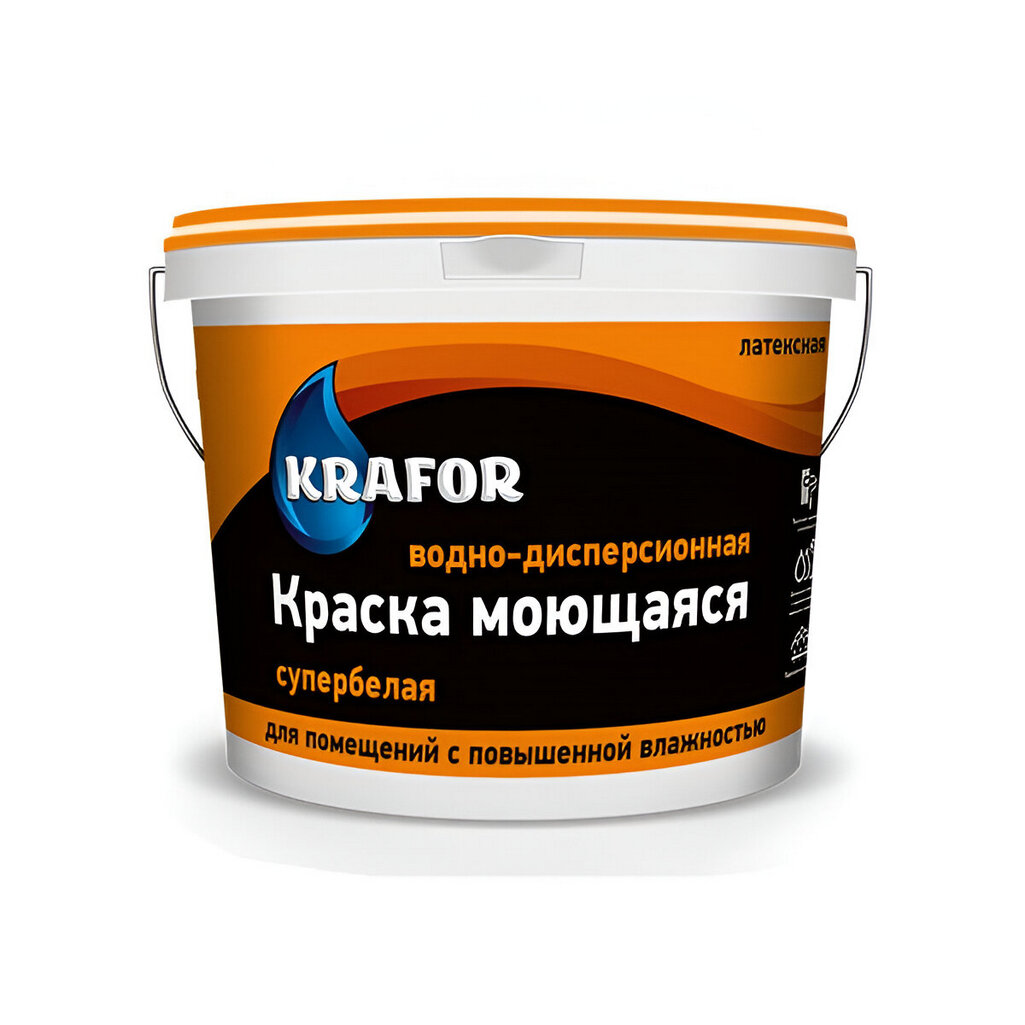 Краска Krafor, интерьерная, латексная, моющаяся, матовая, супербелая, 1.5 кг